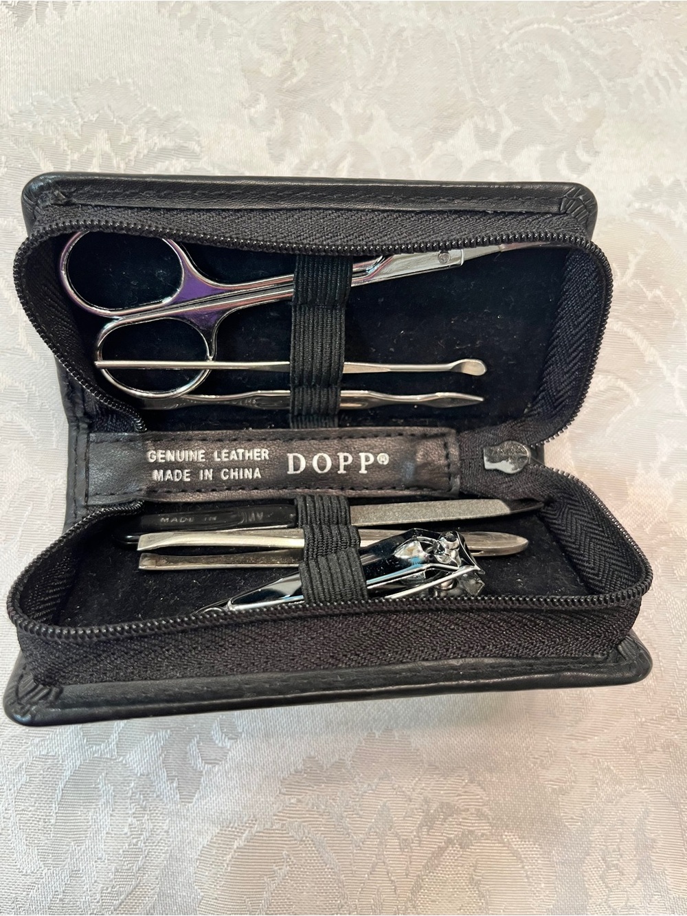 Dopp Black Leather Grooming Kit with Stainless Nail Tools